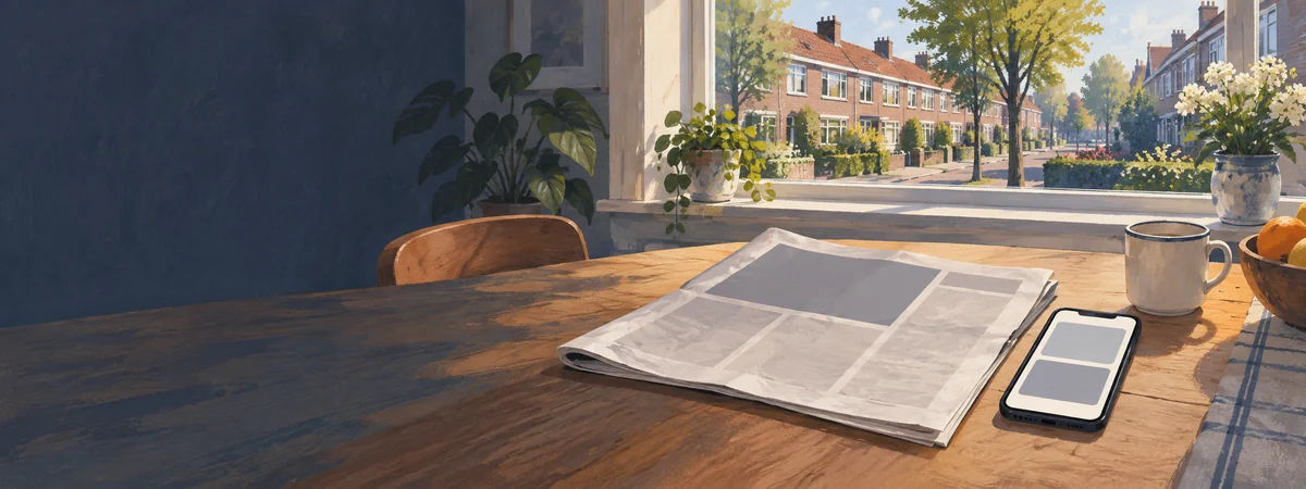 Een krant en een telefoon op tafel bij een raam in ochtendlicht.