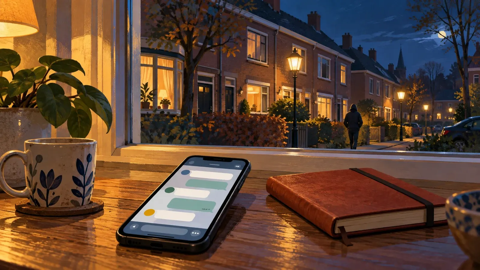 Telefoon met lege chatvlakken bij een raam dat uitkijkt op een woonstraat.