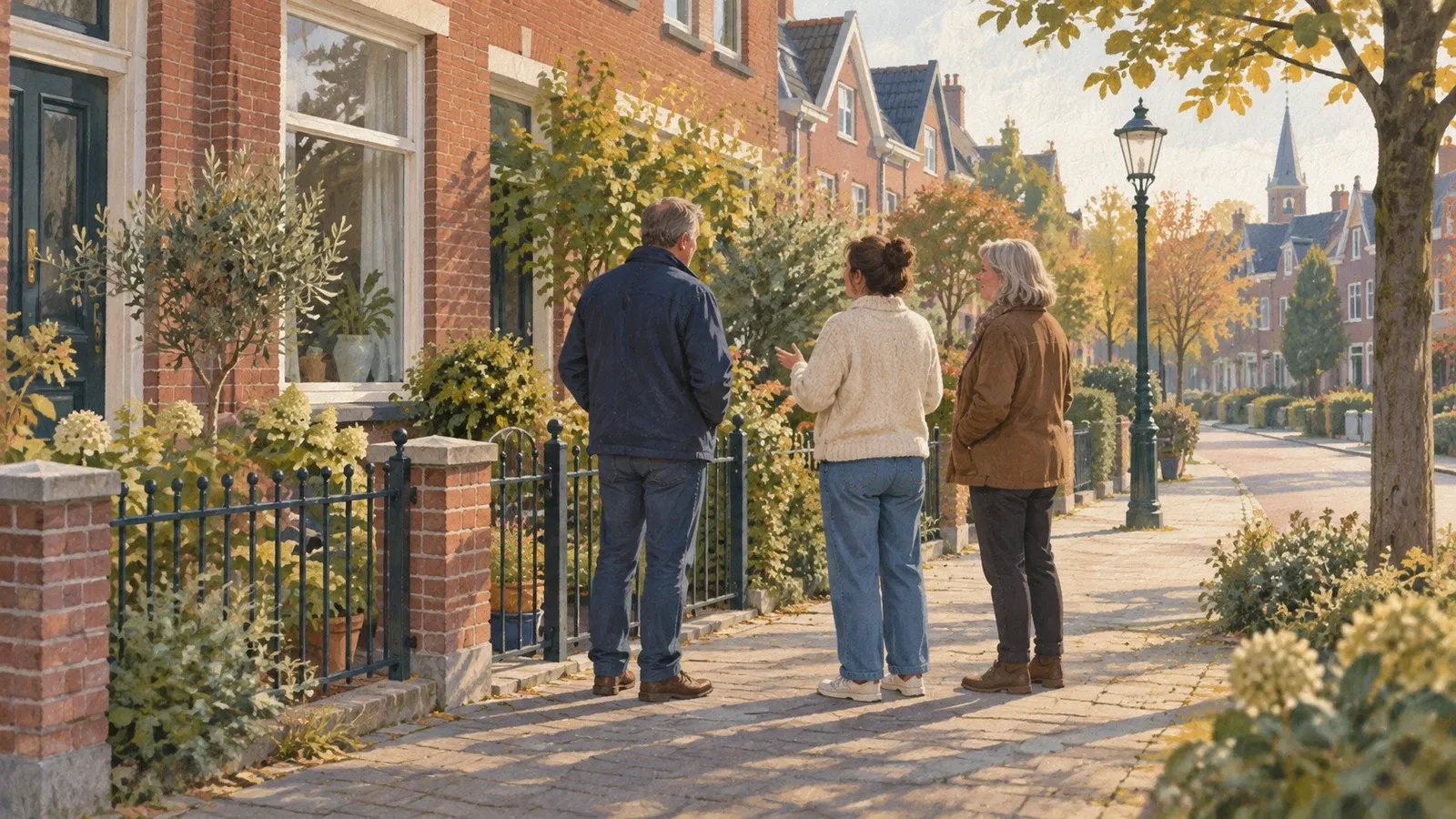 Drie buurtgenoten overleggen bij een tuinhek.